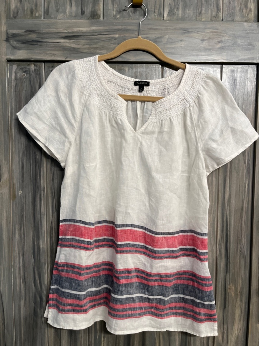Talbots Size Small White Linen Short-Sleeve Tunic with Red and Navy Stripes